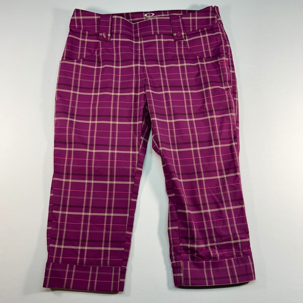 Oakley Womens Purple Plaid Cropped Golf Pants Size 8 Stretch Performance Capris